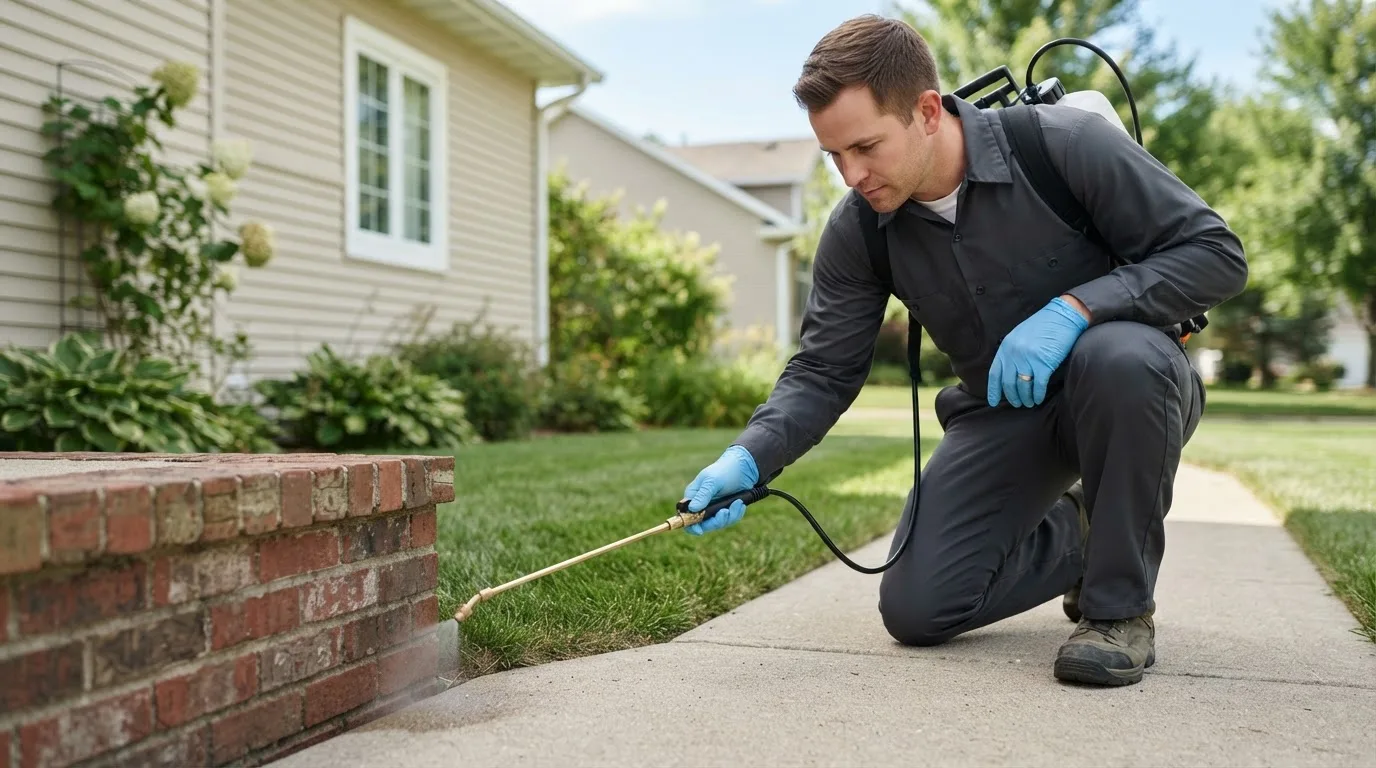 Pest control technician treating a home near Chickasha, OK
