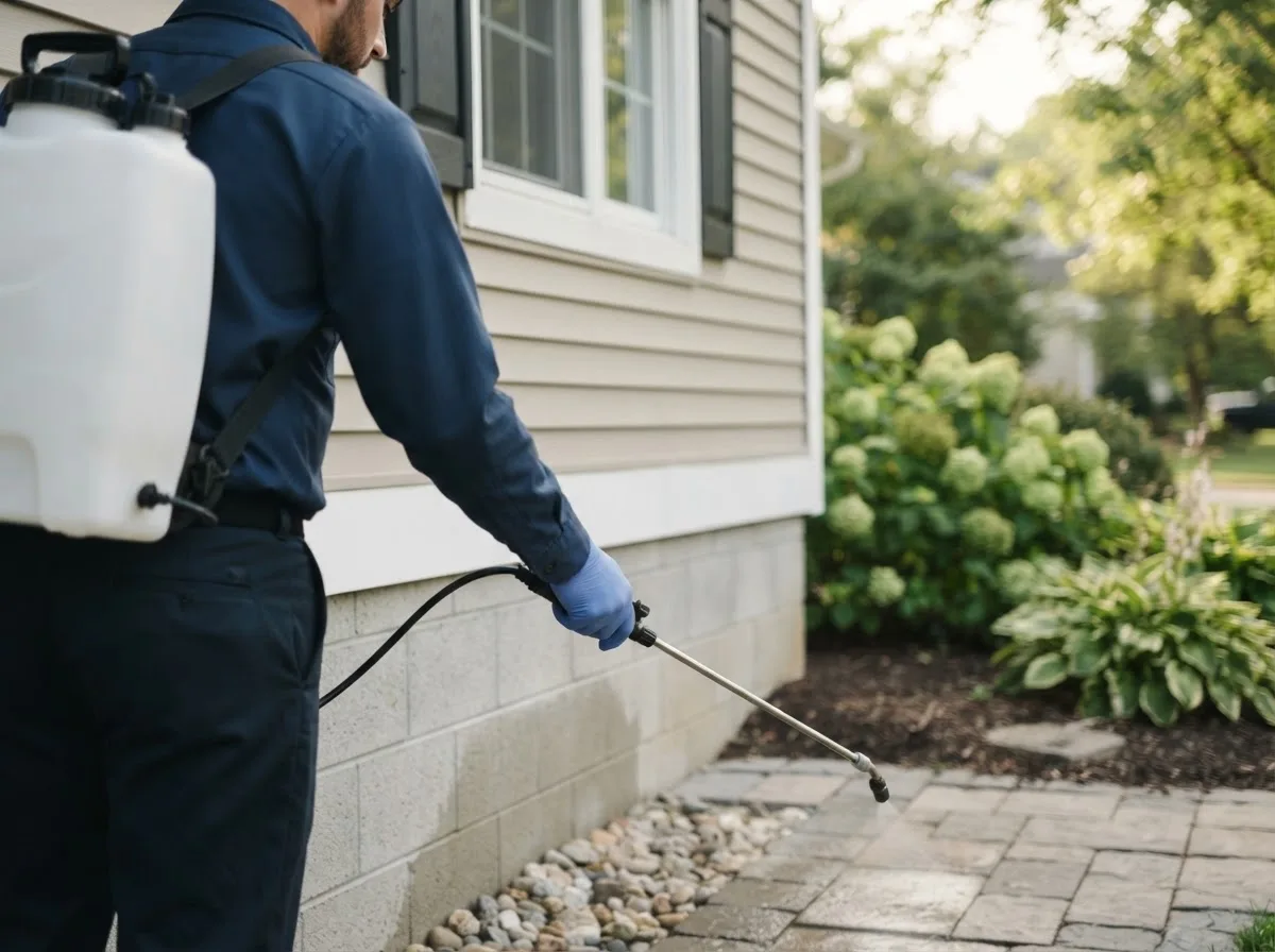 Pest control technician inspecting a home in Chickasha, OK